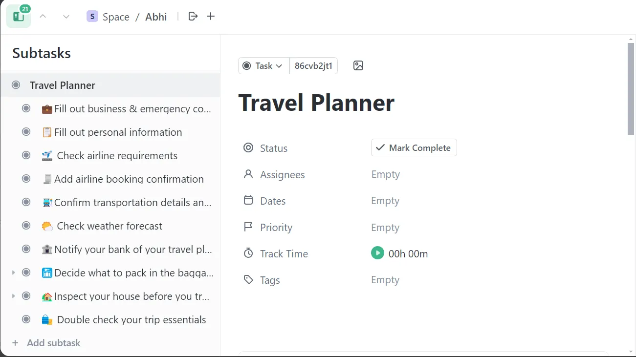 Utilisez les modèles de planificateur de voyage de ClickUp pour rester organisé et hiérarchiser les tâches importantes.