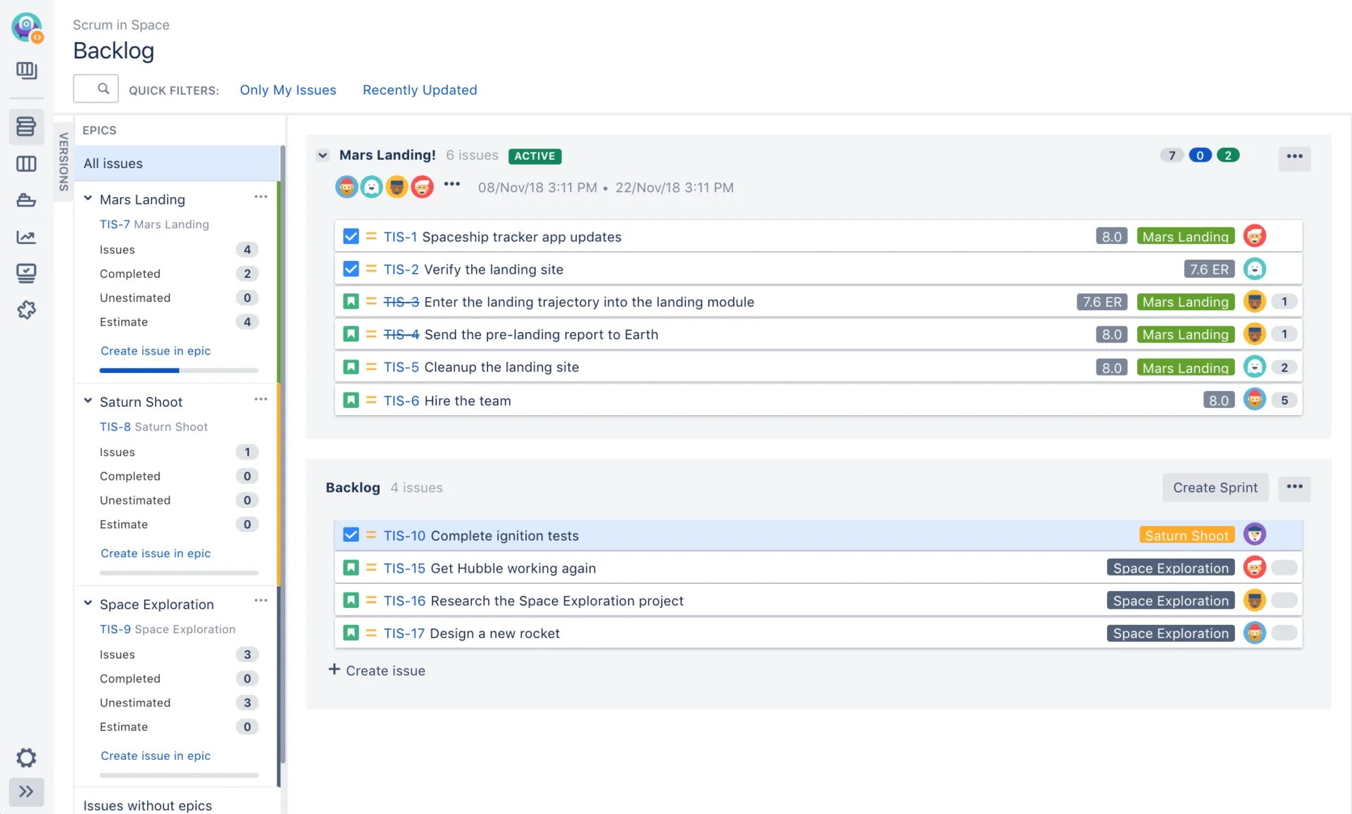 Ansicht eines Epics im Scrum-Backlog in Jira: Agile-Tools