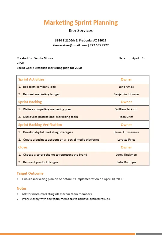 Mall för marknadsföringssprintplanering från Template.Net