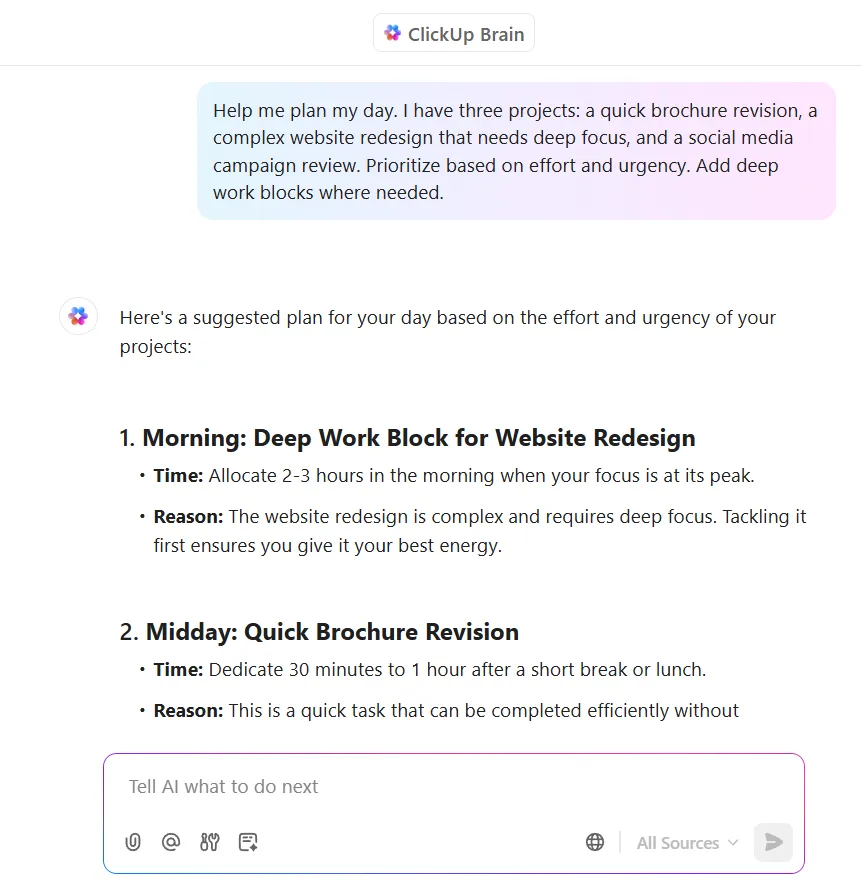 ClickUp Brain：AI による洞察で特定のブロックを作成