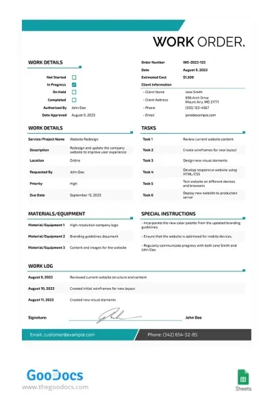 Plantilla sencilla de formulario de pedido de Hojas de cálculo de Google de GooDocs.