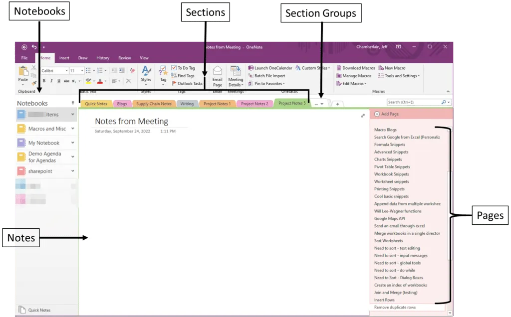 Como usar o OneNote para gerenciamento de projetos, organizando projetos com cadernos, seções e páginas