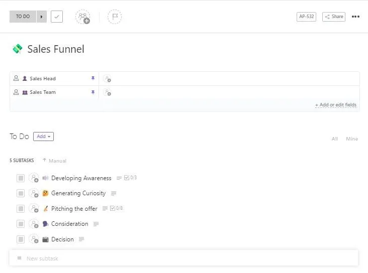 Mẫu theo dõi khách hàng tiềm năng: ClickUp Các bước để tạo mẫu kênh bán hàng