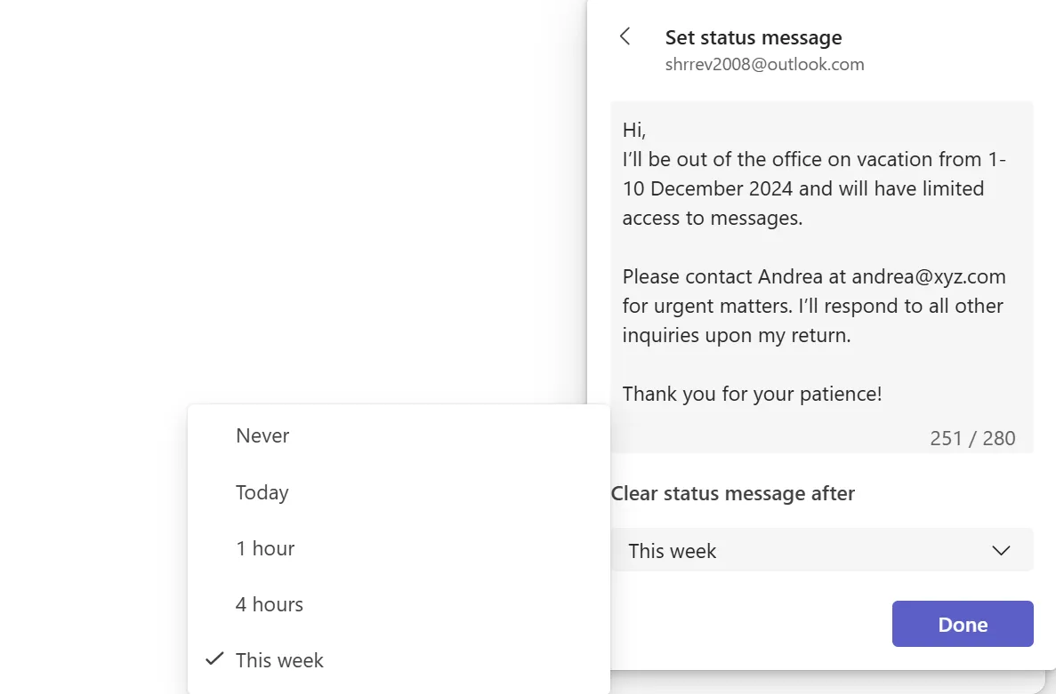 Come impostare l'assenza dall'ufficio in Teams - Passaggio 4