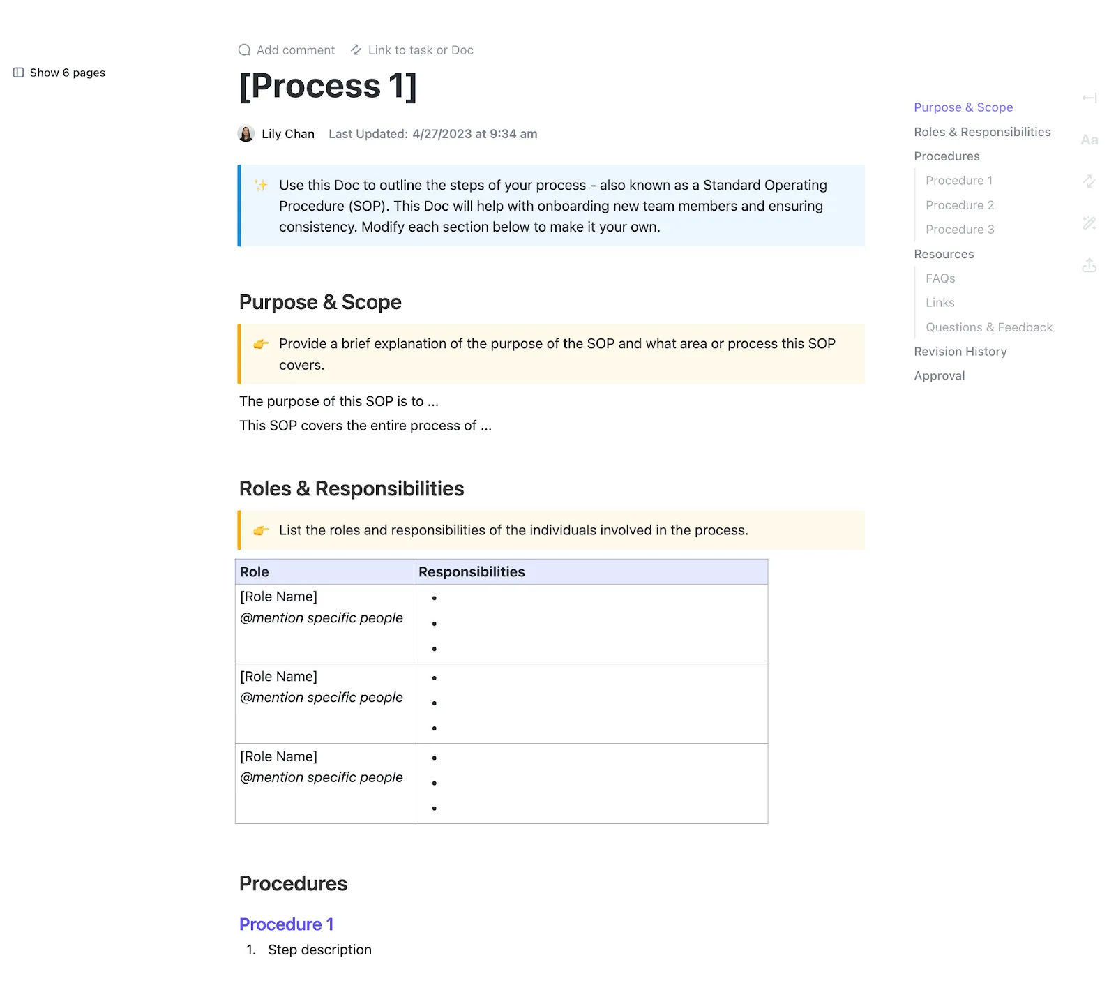 Modello Wiki ClickUp: wiki collaborativo per centralizzare le conoscenze, selezione dei campi di proprietà per una documentazione strutturata