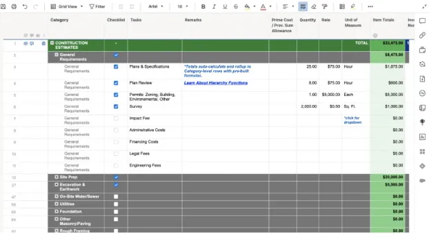 قالب تقدير تكاليف البناء من Smartsheet: قوالب البناء من smartsheet