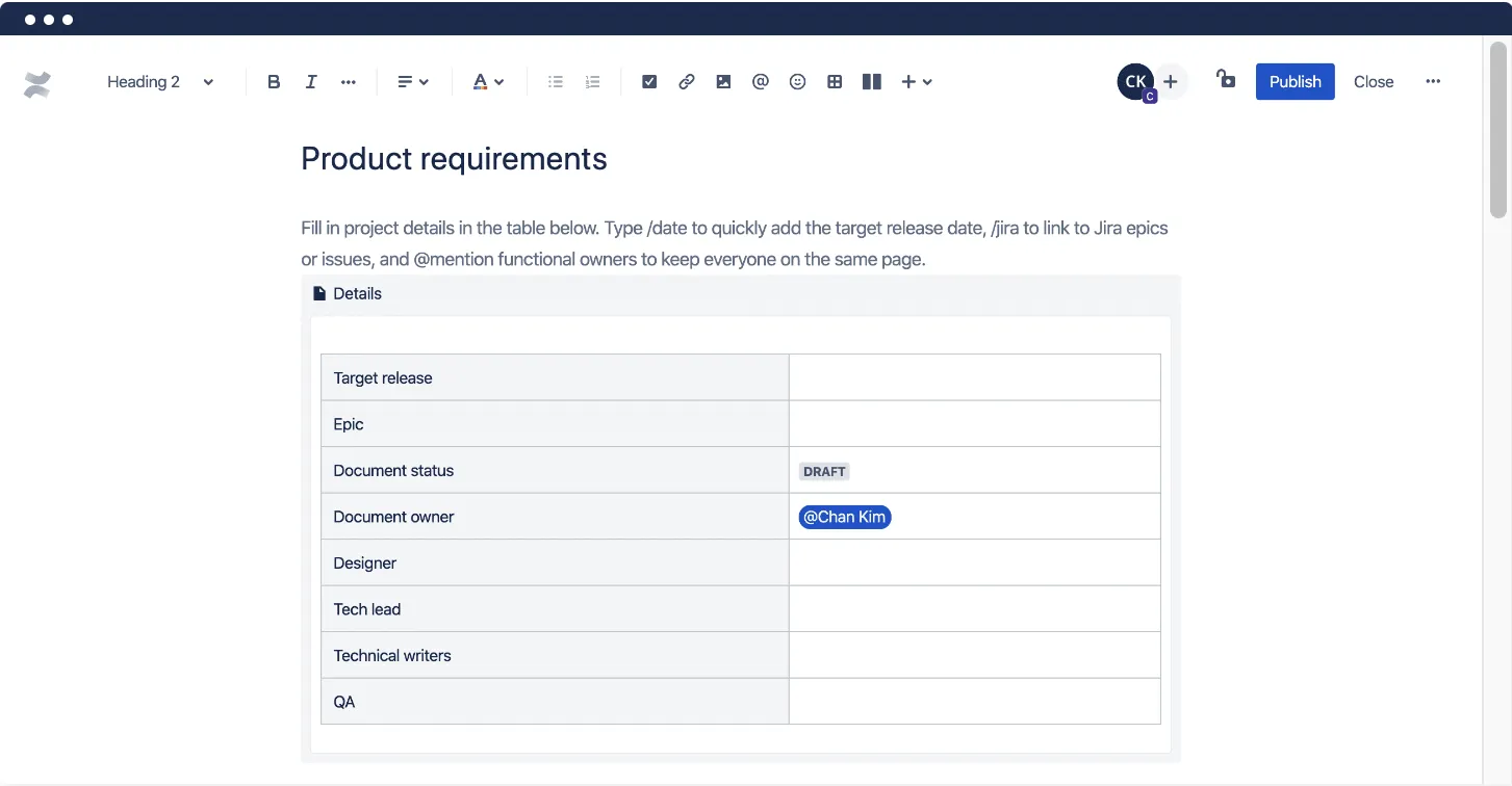 Plantilla de requisitos del producto Confluence