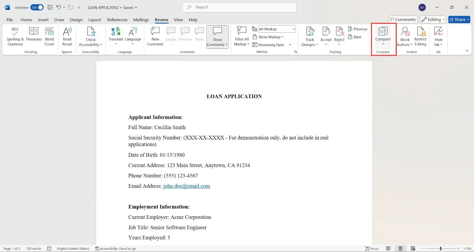 เปรียบเทียบส่วนใน Word