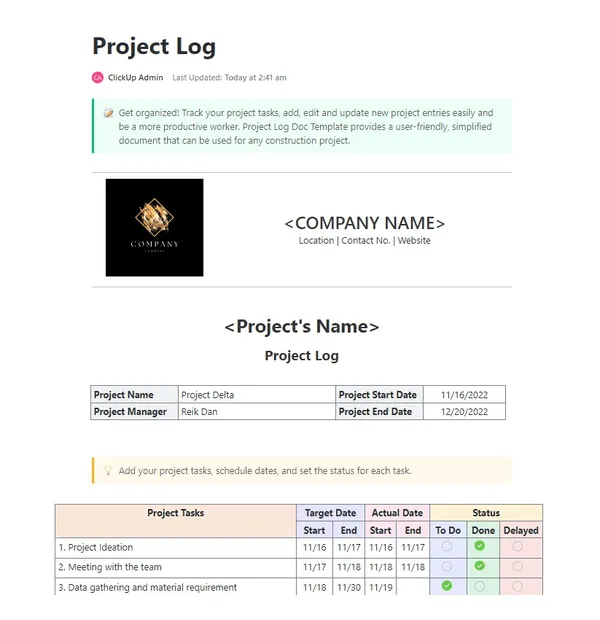 Templat Catatan Proyek ClickUp