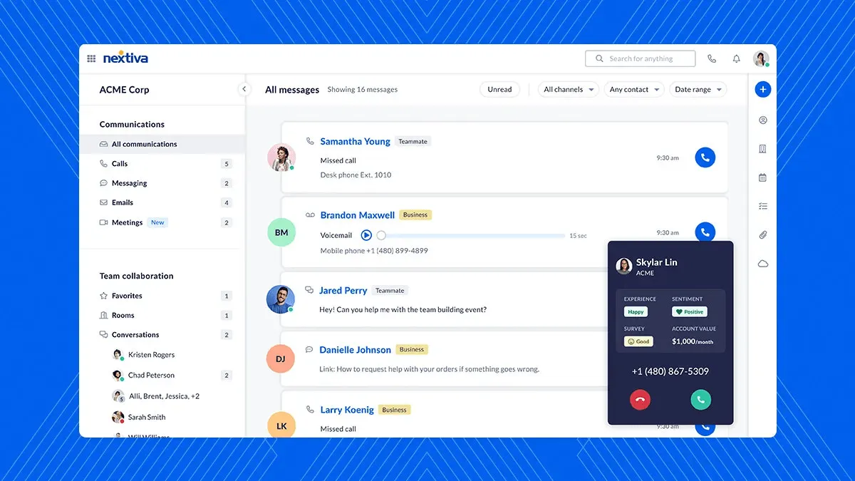 Pagina Tutti i messaggi di Nextiva