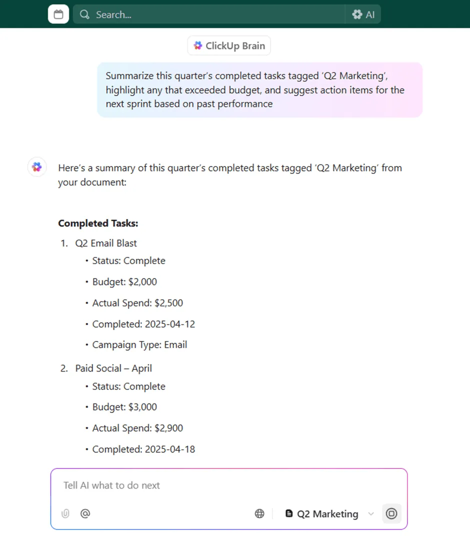 ClickUp Brain: как да анализирате данни от Excel с ChatGPT