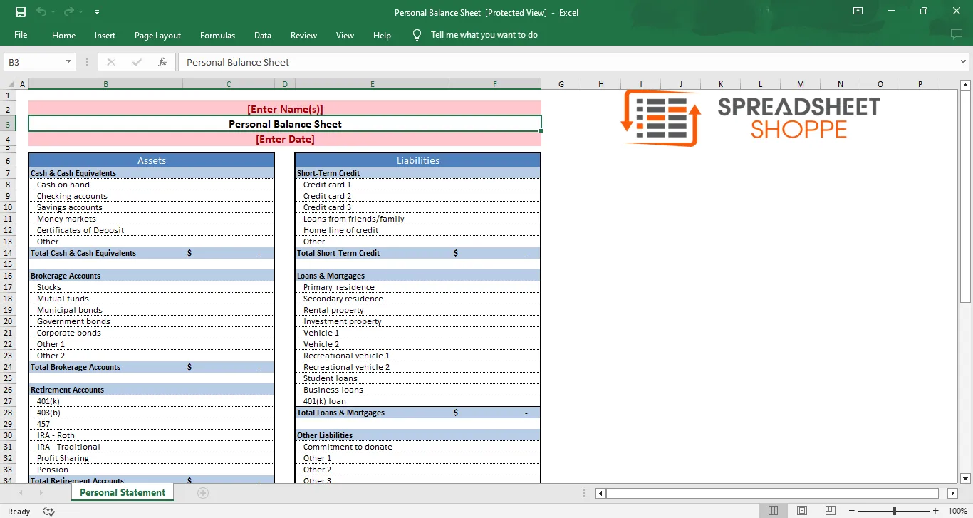 Spreadsheet Shoppe'un Kişisel Bilanço Şablonu
