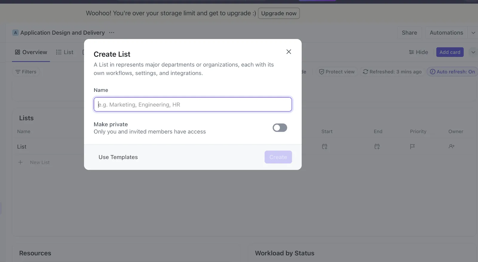 Criando uma lista no ClickUp