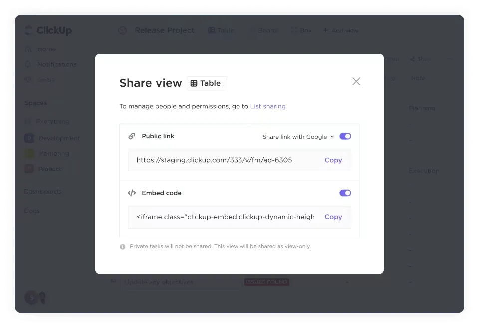 Compartilhe um link público para sua Visualização de Tabela no ClickUp com outras partes interessadas para melhorar a colaboração.