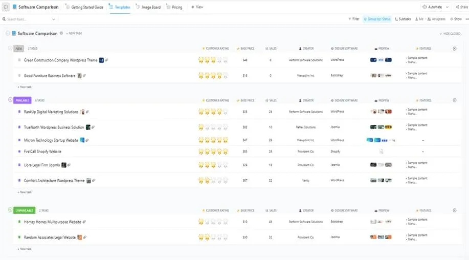Modèle de comparaison de logiciels ClickUp