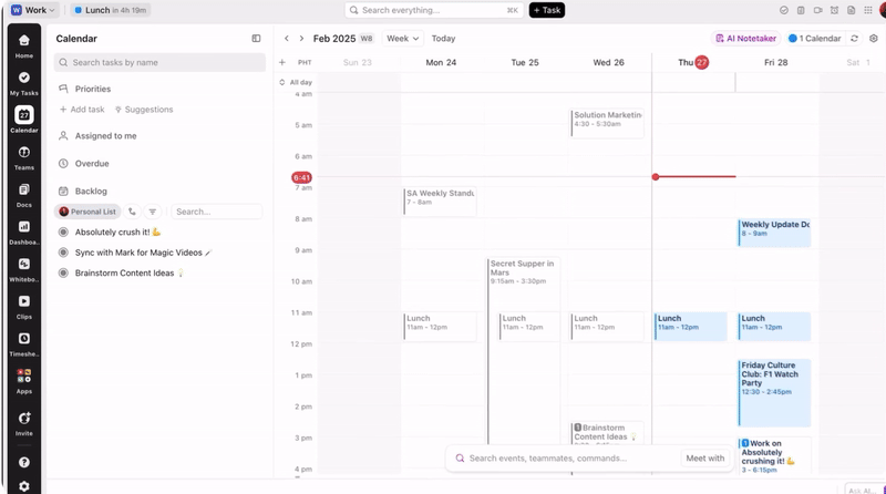 Arbeiten Sie sofort zusammen, indem Sie Aufgaben freigeben und Meetings planen – in ClickUp Chat: Google Tabellen-Kalender