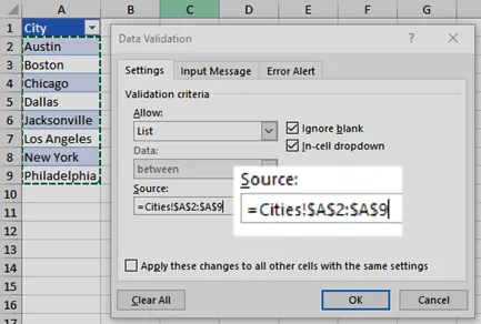 Gegevens > Gegevensvalidatie, selecteer lijst en wijs de bron aan: Excel-projectmanagement