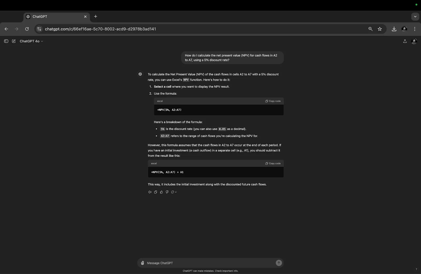 ChatGPT genera una fórmula NPV personalizada basada en una indicación clara y específica: Cómo utilizar ChatGPT para fórmulas de Excel