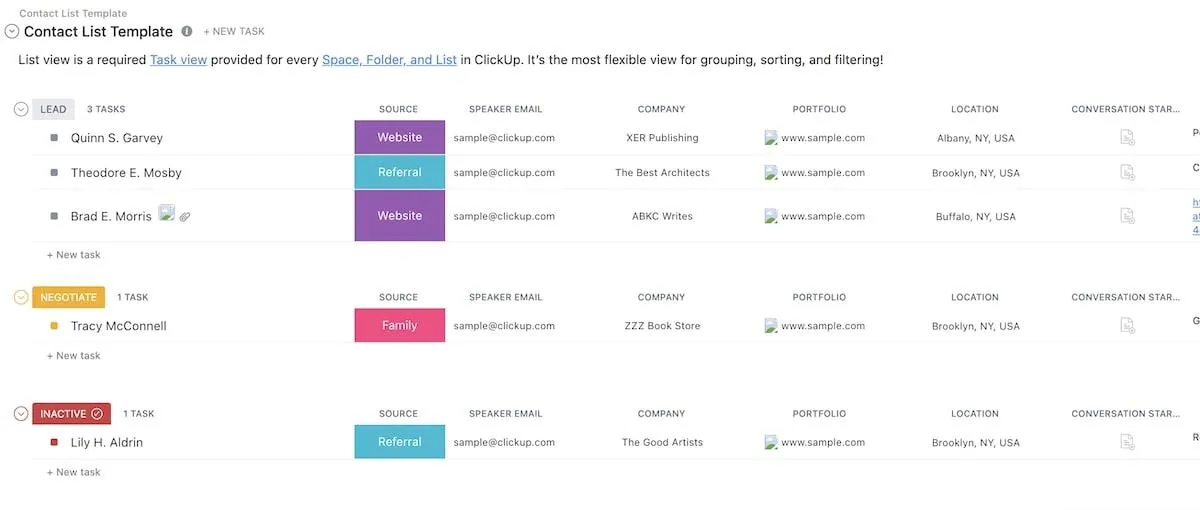 Modelo de lista de contatos do ClickUp