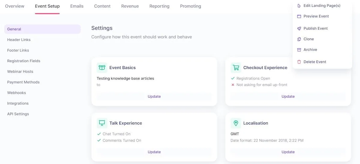 Pagina delle impostazioni di HeySummit