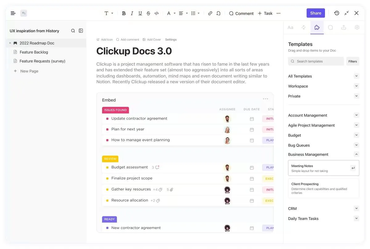 ClickUp Docs con attività