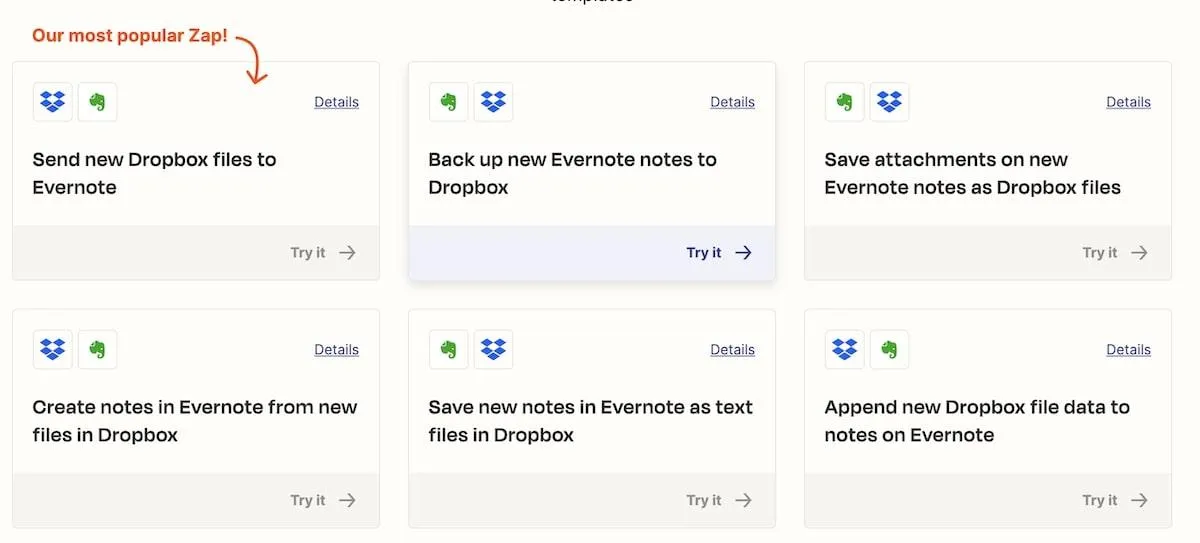 Verbindung von Dropbox mit Evernote über Zapier