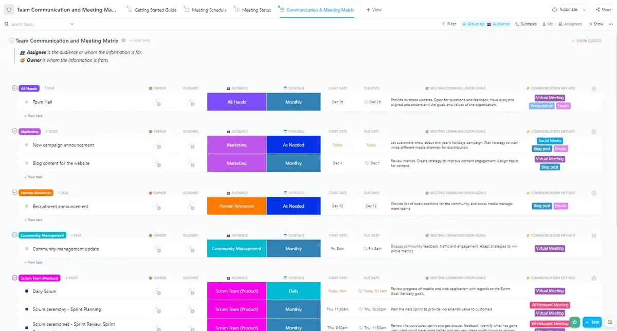 Mantieni i tuoi messaggi organizzati e pertinenti con il modello di matrice per la comunicazione e le riunioni del team di ClickUp.