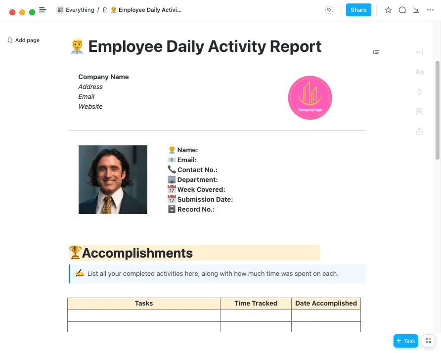 Modello di modello di rapporto giornaliero sulle attività dei dipendenti ClickUp