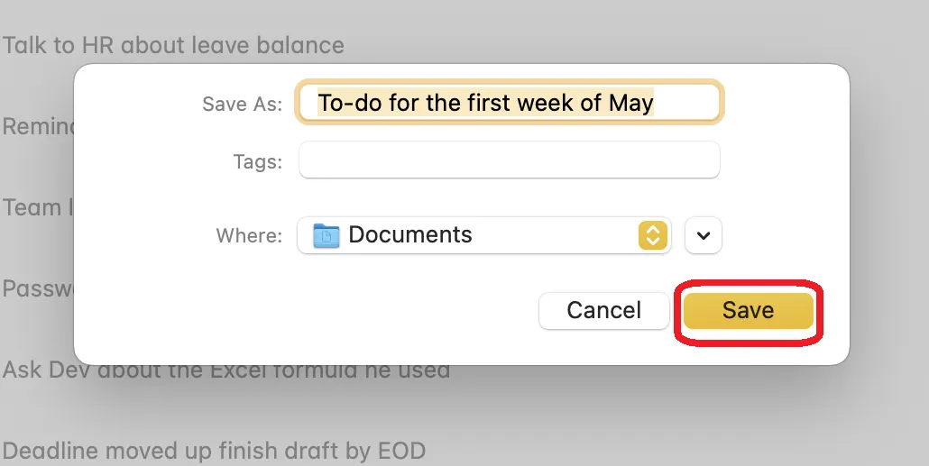 Boîte de dialogue Enregistrer au format PDF dans Apple Notes sur Mac