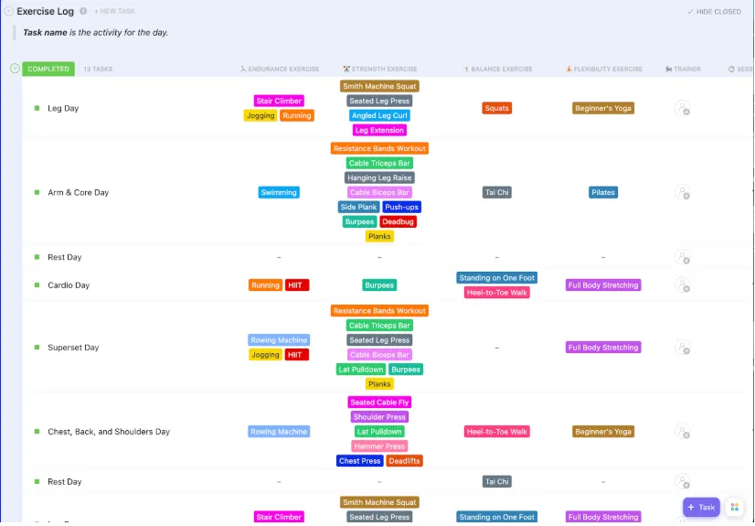 เทมเพลตบันทึกการออกกำลังกาย ClickUp; 75 ความท้าทายแบบง่าย ฟรี