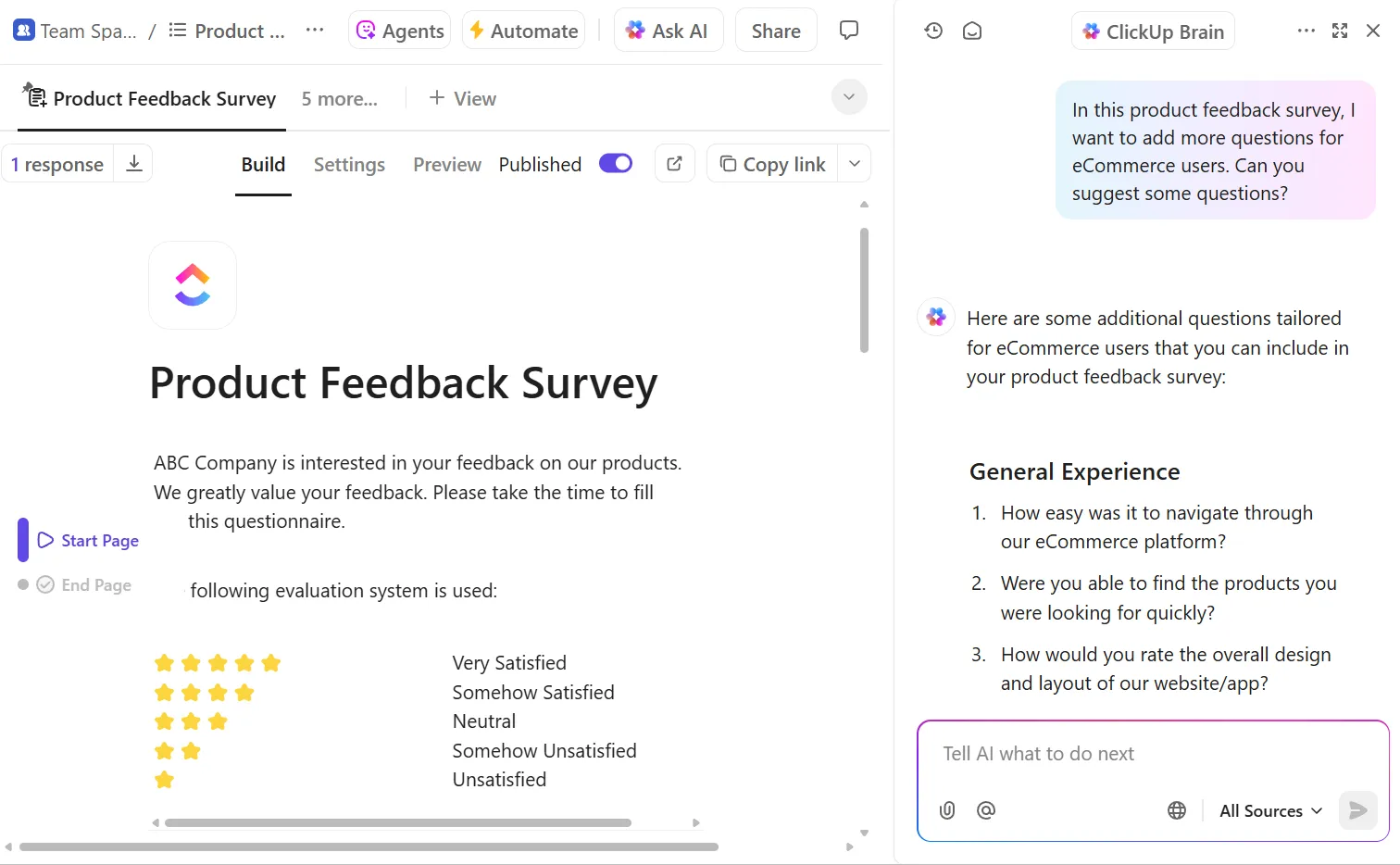 A termékekkel kapcsolatos visszajelzések felméréseinek javítása a ClickUp Brain segítségével
