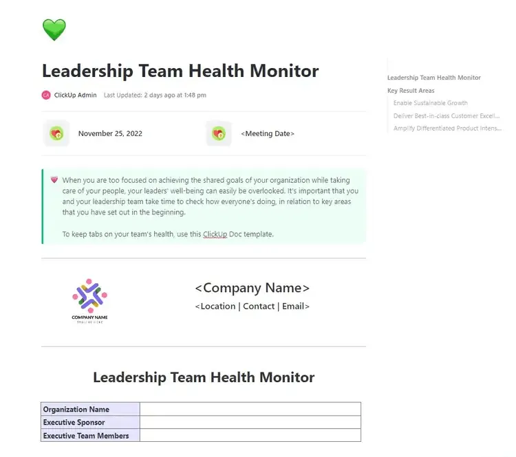 Identifizieren Sie wichtige Verbesserungsbereiche, schaffen Sie eine Plattform für offenen Dialog und sorgen Sie für Transparenz in Ihrem Führungsteam mit der Vorlage „Leadership Team Health Monitor“ von ClickUp.
