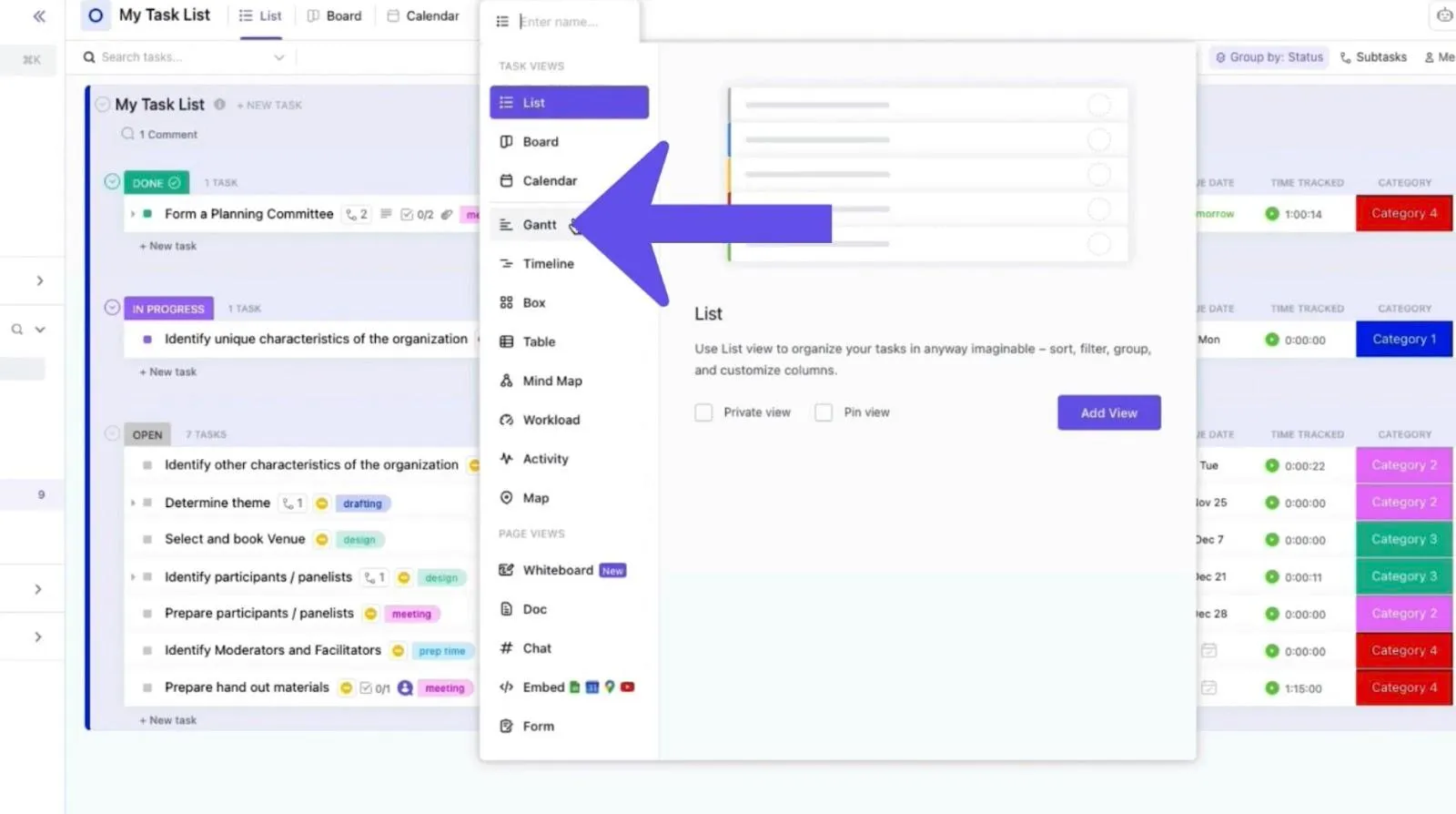ClickUp Gantt-diagram nézet