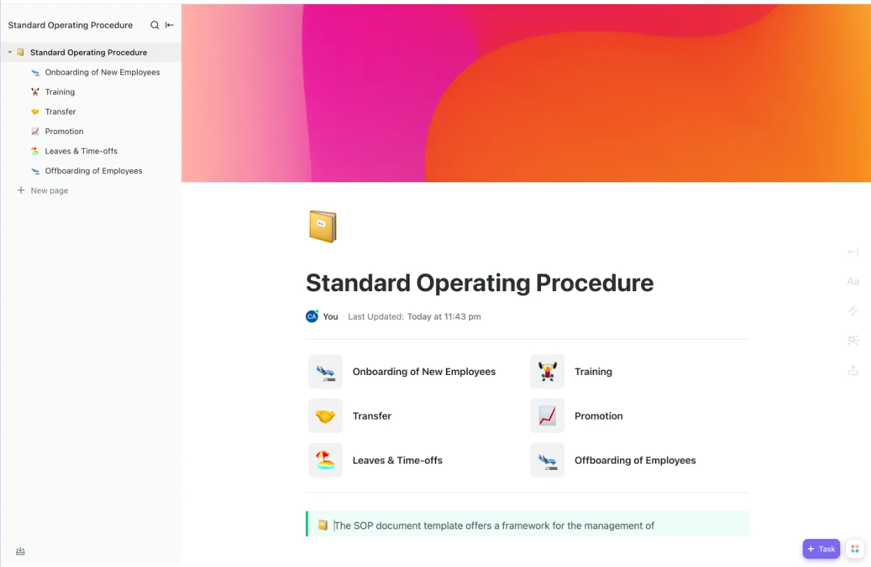 Plantilla de procedimientos operativos estándar de ClickUp: Plantillas de manuales de operaciones