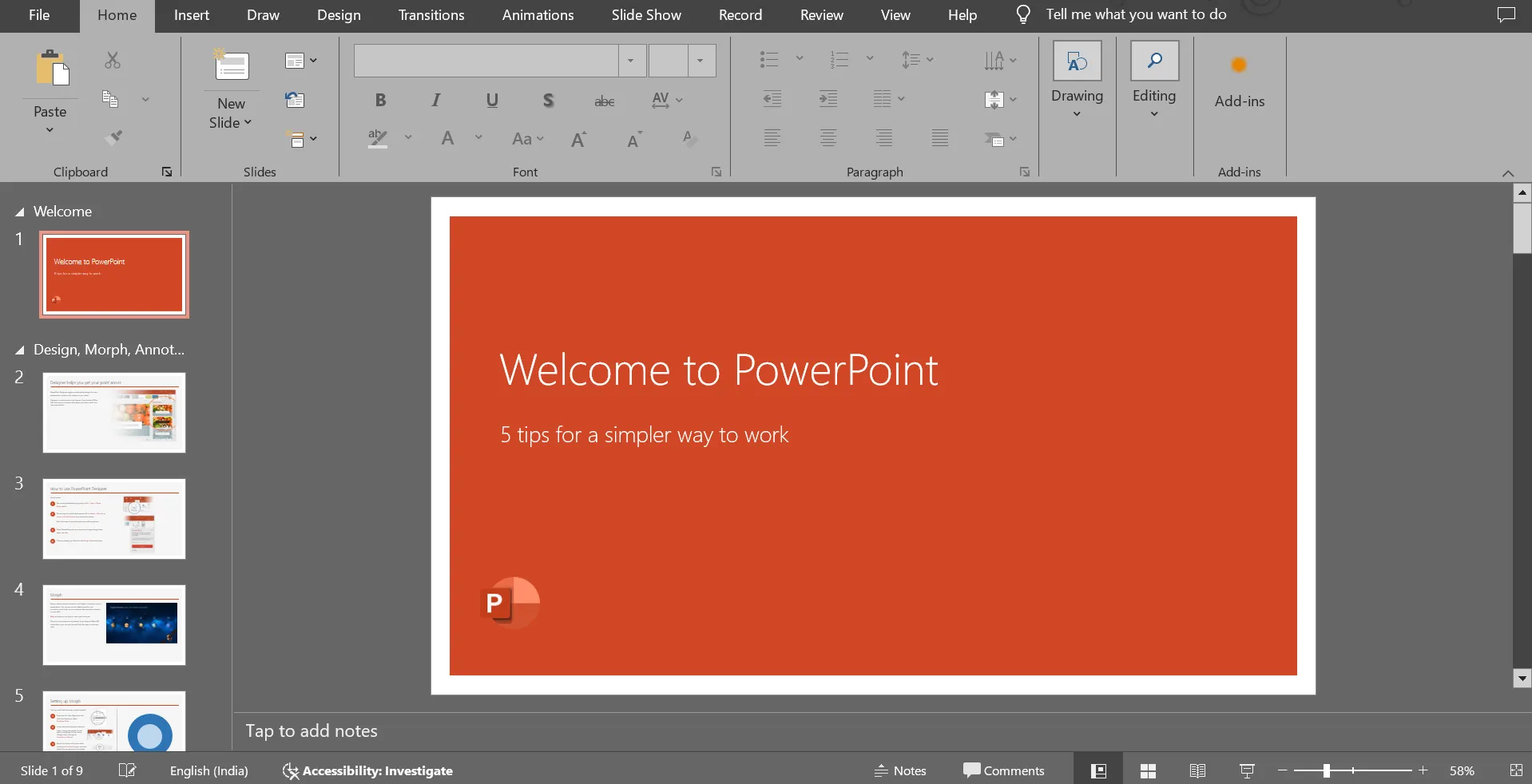 Quando se sentir preparado e confiante para gravar, comece pelo slide ao qual deseja adicionar sua narração. No painel esquerdo do slide, clique no slide específico: como adicionar narração ao PowerPoint.