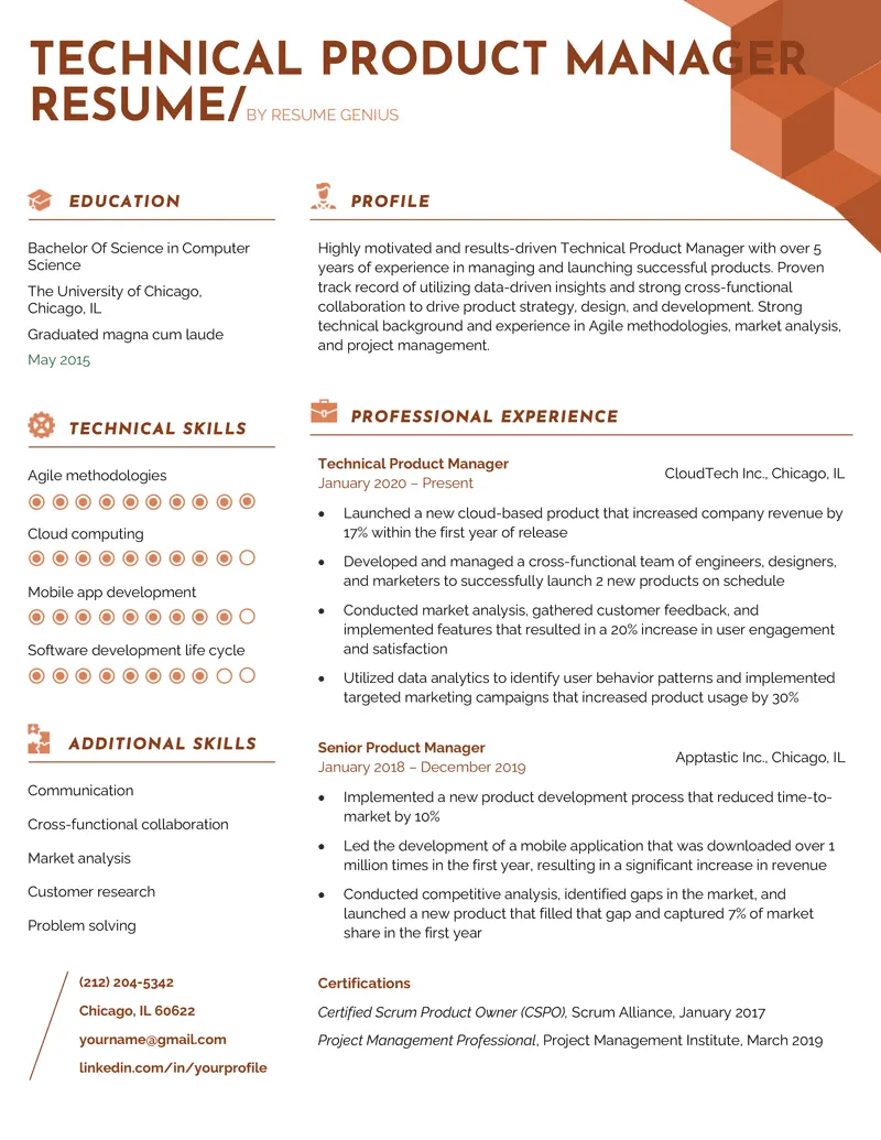 Modèle de CV pour responsable technique de produit