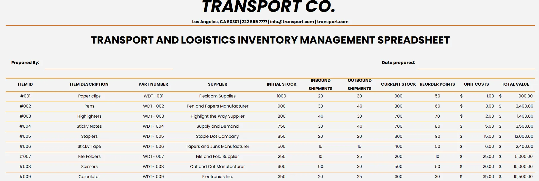 Modello di foglio di calcolo per la gestione dell'inventario dei trasporti e della logistica di Template.net: modello di inventario Excel