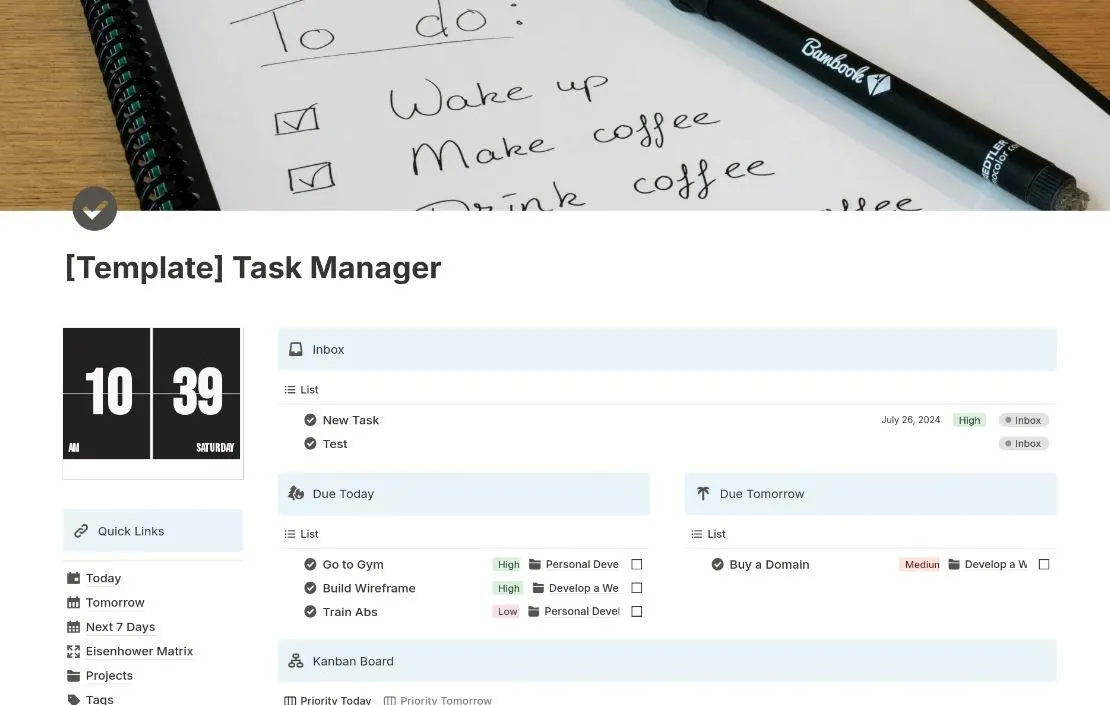 Dashboard del Task Manager di Notion