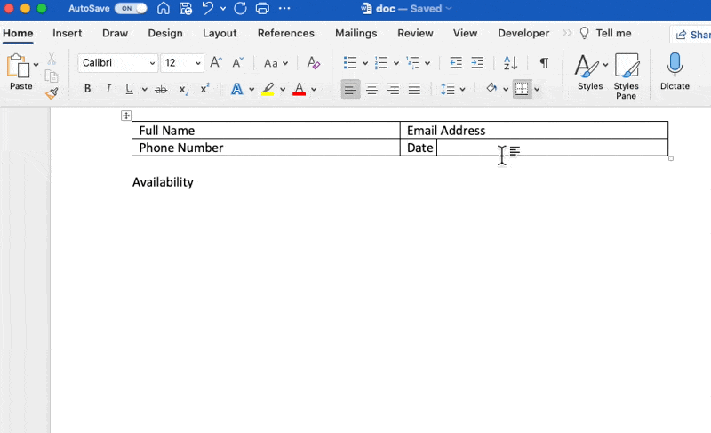 creare campi di testo con tabelle in Word