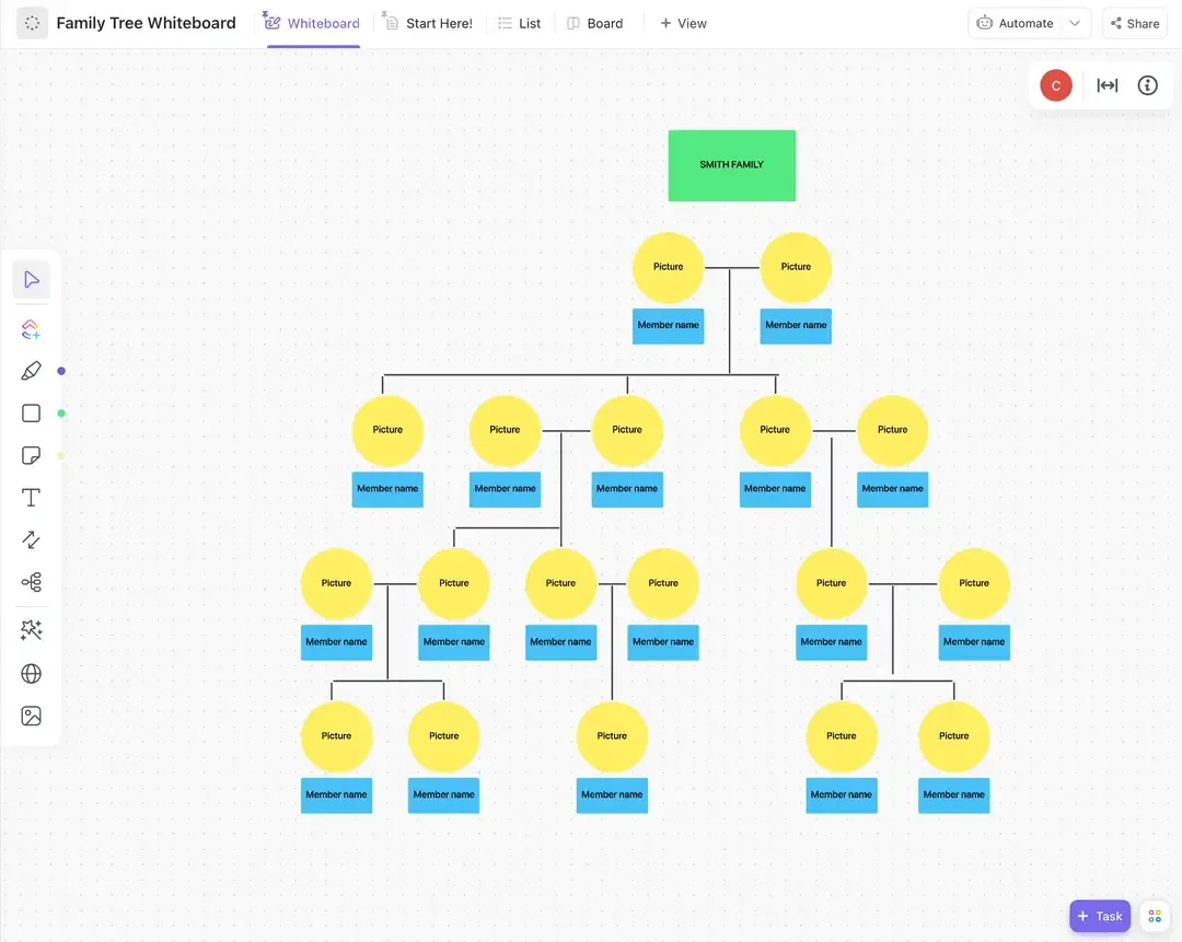 Crea un albero genealogico, aggiungi i profili di ciascun membro della famiglia e collabora con gli altri nel modello di albero genealogico ClickUp.