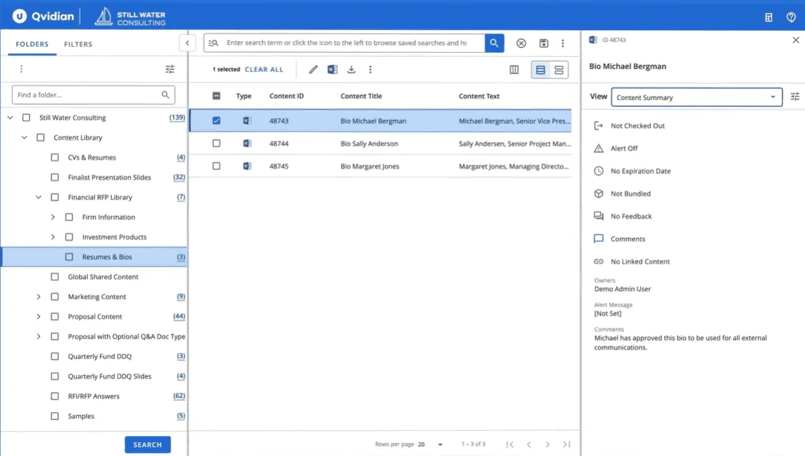 Esempio di dashboard Qvidian per l'organizzazione delle informazioni RFP
