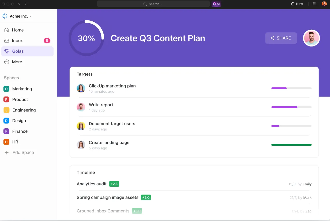 Vue Tableur ClickUp : barre de progression Excel