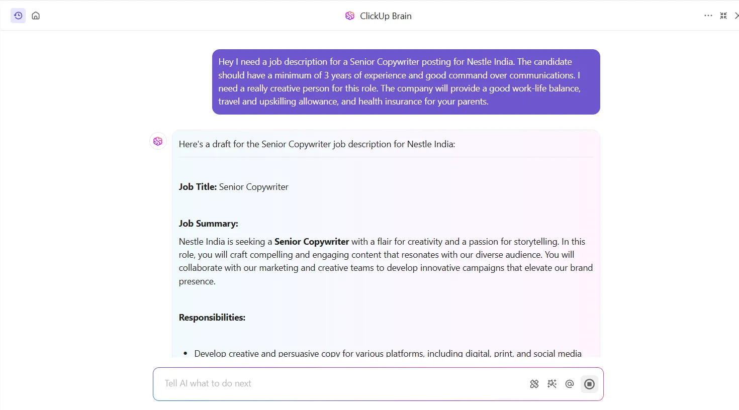 Générez facilement des descriptions de poste à partir de CV grâce à ClickUp Brain.