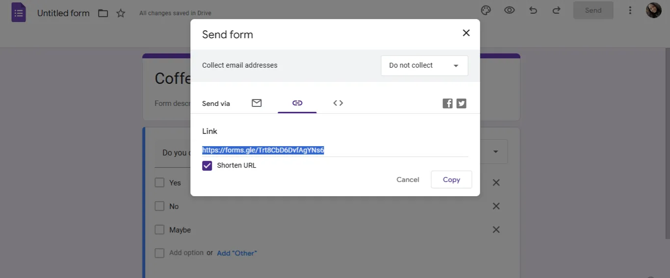 Klikněte na „Odeslat“, zkopírujte odkaz a sdílejte jej v anketě Google Chat.
