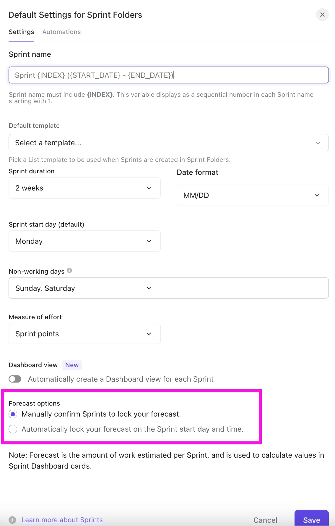 Contrôlez la manière dont les prévisions de sprint sont verrouillées par une modification en cours.