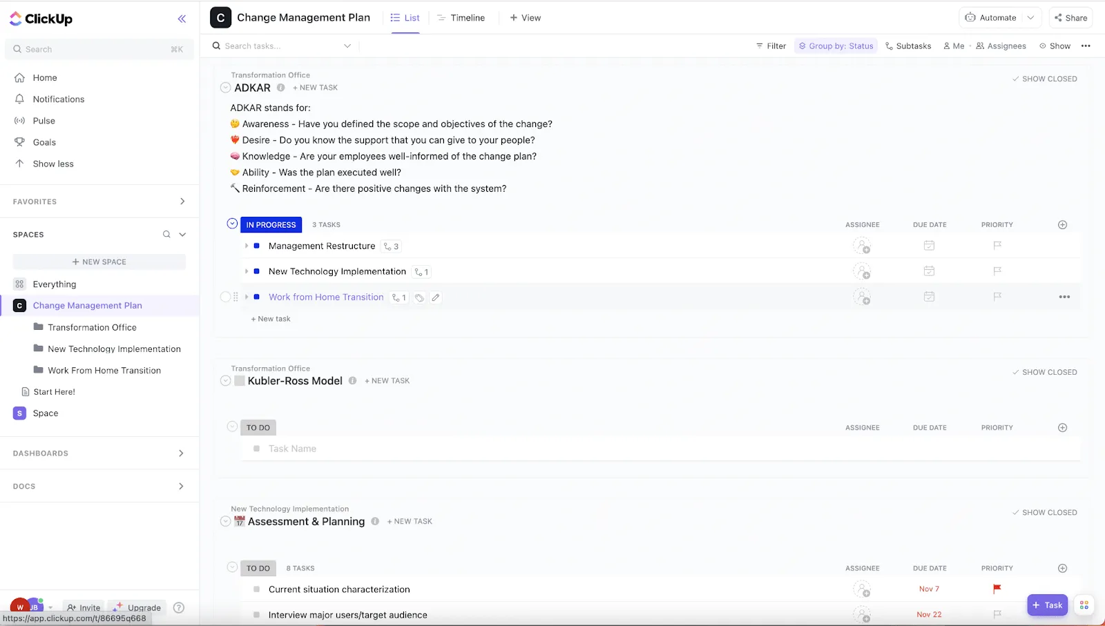 Mẫu kế hoạch quản lý thay đổi trên ClickUp