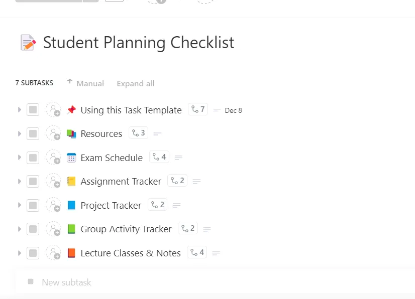 Modello di lista di controllo per la pianificazione degli studenti