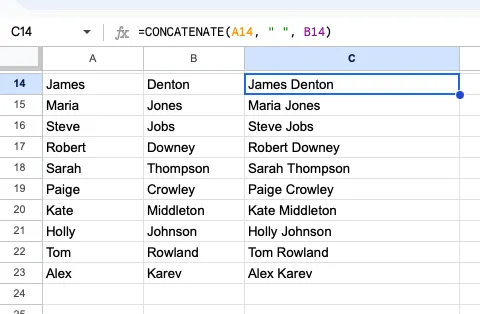 Съединяване на текст (CONCATENATE)
справка за Google Sheets