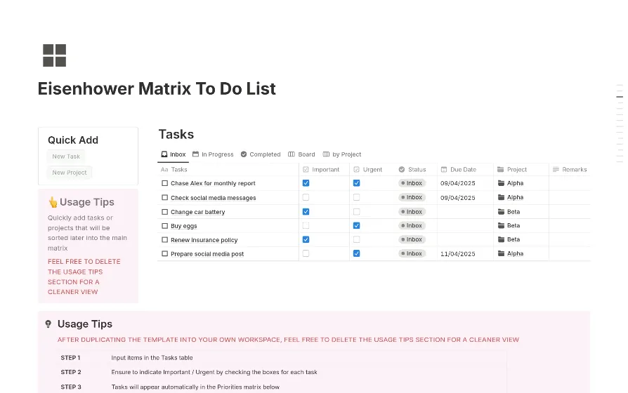 Template Daftar Tugas Eisenhower Matrix