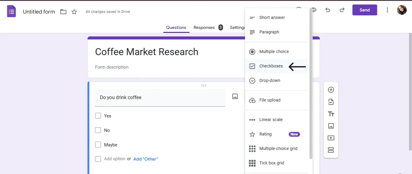 Klikněte na „Zaškrtávací políčka“ a přidejte možnosti do Google Forms pro anketu v Google Chatu.